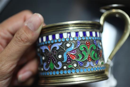 A late 19th century Russian 84 zolotnik silver gilt and cloisonne enamel cup by Khlebnikov, gross 5.5 oz.